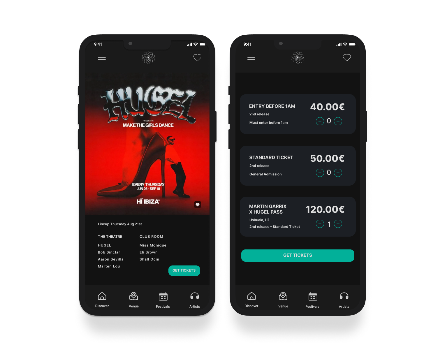Aura EDM Ticketing Hub app mockup